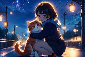 a girl hugging a cat at night with road and street light in the background, anime style, aesthetic, best quality, ghibli studio art style