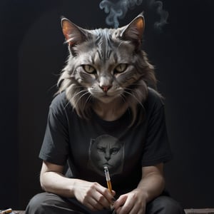 A melancholic feline figure, dressed in a black T-shirt, puffs on a cigarette as the camera zooms in for a hauntingly intimate close-up. The dark art style illustration immerses us in a somber atmosphere, where the only light comes from the cigarette's ember, casting an eerie glow on the subject's contemplative face.