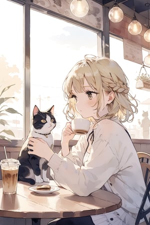 chill cat and a girl drink coffee in the cafe,
masterpiece, best quality, aesthetic,