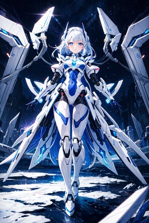 masterpiece,  extremely detailed, highest quality, girl, full body, white futuristic mecha robot, beautiful shining eyes, cute expression, symmetrical ,white and blue hair, , lolipop in hand, dynamic lighting, sharp ,no_humans,EnvyBeautyMix23, night time,scenery