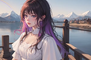 masterpiece, extremely detailed, highly detailed, best quality, a lot of details, 1 girl, colorful hair color,  mountains background, rainbow lights, colorful, white aesthetic dress