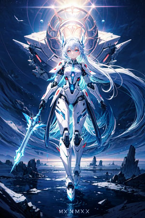masterpiece,  extremely detailed, highest quality, girl, full body, futuristic mecha alien civilization , beautiful shining eyes, cute expression, symmetrical ,white and blue hair, , lolipop in hand, dynamic lighting, sharp ,no_humans,EnvyBeautyMix23, night time,scenery