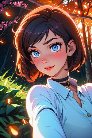 1girl, (masterpiece), high definition, a lot of detail, white short hair, blue eyes, selfie shot, beautiful fingers ,lovely atmosphere, cute harajuku dress, choker, happy, blushing, SAM YANG,kugisaki nobara, pink eyeliner,EnvyBeautyMix23,SMMars, in the woods, glowing fireflies , ((night time)),fate/stay background