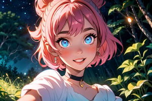 1girl, (masterpiece), high definition, a lot of detail, white short hair, blue shining cosmic eyes, enchanting eyes, selfie shot, beautiful fingers ,lovely atmosphere, cute harajuku dress, choker, happy, blushing, pink eyeliner,EnvyBeautyMix23,SMMars, in the woods, glowing fireflies , ((night time)),fate/stay background