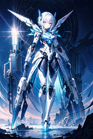 masterpiece,  extremely detailed, highest quality, girl, full body, futuristic mecha robot in the background, beautiful shining eyes, cute expression, symmetrical ,white and blue hair, , lolipop in hand, dynamic lighting, sharp ,no_humans,EnvyBeautyMix23, night time,scenery