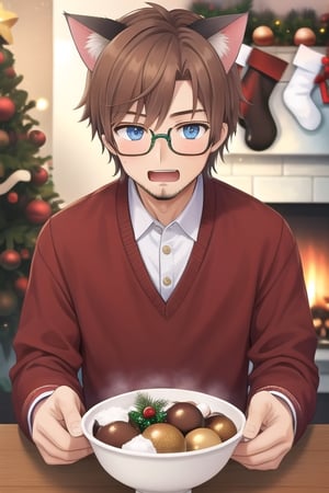 1male,brown_hair,stubble,light_blue_eyes,glasses,cat_ears,christmas_clothing,happy