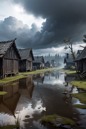 A Poison Toxic Swamp Village,Gray Sky,