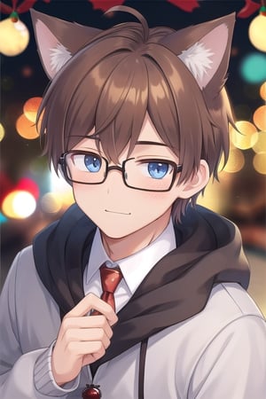 1male,brown_hair,stubble,light_blue_eyes,glasses,cat_ears,christmas_clothing,happy