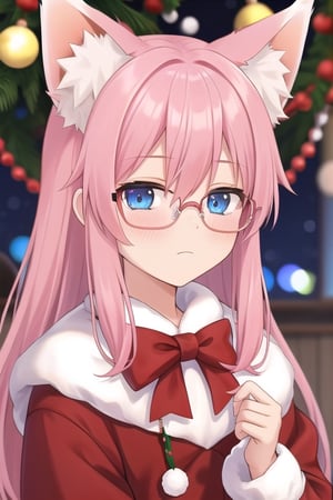 fox_ears,pink_hair,blueeyes,christmas_clothing,sole_male,neutral_expression,glasses