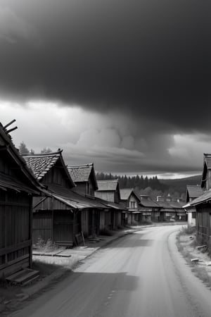 A Barbarian Village,Gray Sky,black_and_white