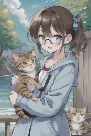 cat_girl,cute,brown_hair,twin_ponytails,short_hair,glasses,light_blue_eyes,outdoors,detailed