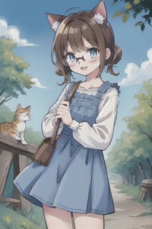 cat_girl,cute,brown_hair,twin_ponytails,short_hair,glasses,light_blue_eyes,outdoors,detailed