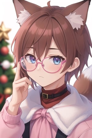 1male,brown_hair,,light_blue_eyes,glasses,pink_fox_ears,christmas_clothing,neutral_expression,pink_fox_tail