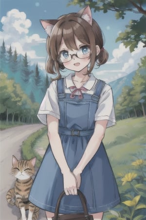 cat_girl,cute,brown_hair,twin_ponytails,short_hair,glasses,light_blue_eyes,outdoors