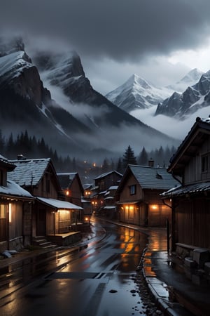A Dark Mountainous Village ,Gray Sky
