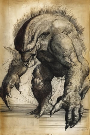old paper,pencil sketch,monster,creature,earth_creature,on_all_fours,