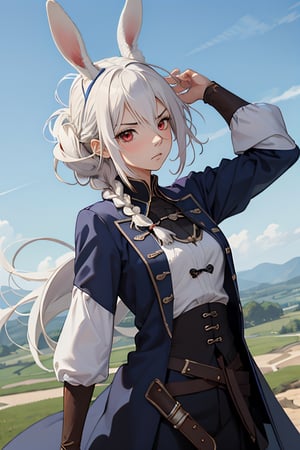 woman adult, serious face, twisted big rabbit ears, white hair, red eyes, blue fantasy medieval musketeer clothing, perfecteyes, plains background,kugisaki nobara, hair covering ears, french braids hair