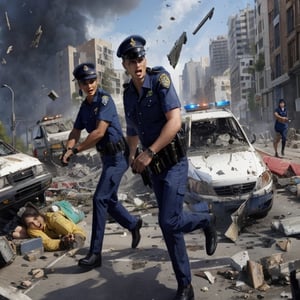 two policeman running in a destroyed street