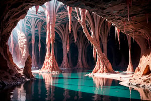 extraterrestrial image of a house made of adobe inside an alien cave in the desert, underground river with strange red vegetation, stalactites and stalagmites,clear water,natural global light, volumetric light, maximum detail, 18k, hyper realistic