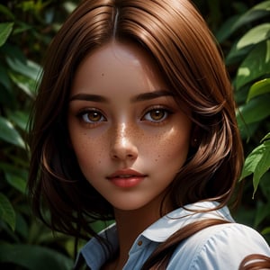 a young lady with long brown hair is standing in the jungle wearing a blouse, 1girl, solo, brown hair, freckles, brown eyes, looking at viewer, portrait, lips