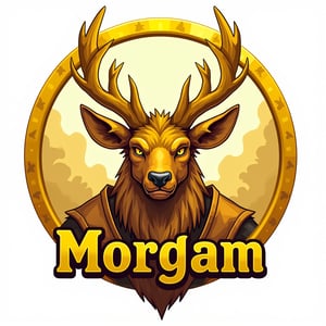 Fantasy emblem logo for wargame token depicting a strong, anthropomorphic deer-warrior ((including the word "Morgam")), yellow-toned token, illustration, vibrant ((circular token)) on a white background