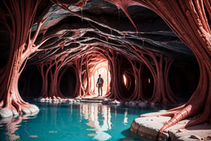 extraterrestrial image of a house made of adobe inside an alien cave in the desert, underground river with strange red vegetation, stalactites and stalagmites,clear water,natural global light, volumetric light, maximum detail, 18k, hyper realistic