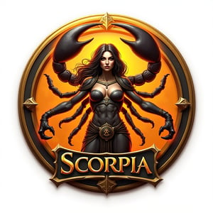 Fantasy emblem logo for wargame token depicting a strange anthropomorphic woman scorpion queen ((with the word "Scorpia")), golden and orange toned legendary token, illustration, vibrant ((circular token)) on white background