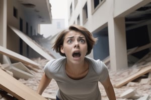 young scared woman with short hair cut protecting herself from debris while escaping from a collapsing building