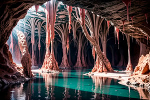 extraterrestrial image of a house made of adobe inside an alien cave in the desert, underground river with strange red vegetation, stalactites and stalagmites,clear water,natural global light, volumetric light, maximum detail, 18k, hyper realistic