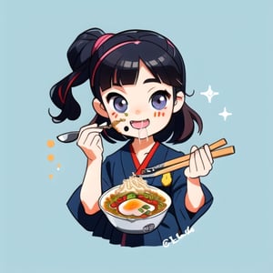(masterpiece:1.2), best quality, original, cute korean girl eating ramen with chopstick, mouth full of food, happy face, greedy, gluttonous, RTX, Post Processing, chibi, chibi style, pink hair, pink dress, logo ,cls_chibi