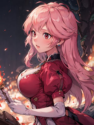 (masterpiece:1.2, best quality), (complete body), long and pink platinum hair, red eyes, firemage, huge big breasts, perfil side