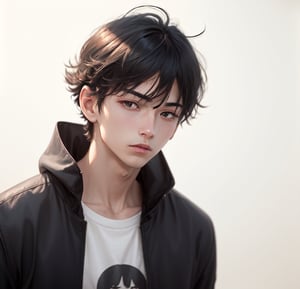 1boy 100% male_focus , solo , malevolent_face, disheveled_hair, frown , open_mouth , straight hair, black_eyes , black_hair , looking_at_viewer , straight body, face , long black jacket over a t-shirt white,blurry_background , v-shaped_eyebrows , close-up , bangs, 