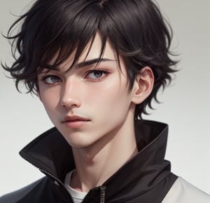 1boy 100% male_focus , solo , malevolent_face, disheveled_hair, frown , open_mouth , straight hair, black_eyes , black_hair , looking_at_viewer , straight body, face , long black jacket over a t-shirt white,blurry_background , v-shaped_eyebrows , close-up , bangs, 