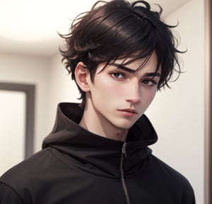 1boy 100% male_focus , solo , malevolent_face, disheveled_hair, frown , open_mouth , straight hair, black_eyes , black_hair , looking_at_viewer , face , long black jacket over a t-shirt,blurry_background , v-shaped_eyebrows , close-up , bangs, 