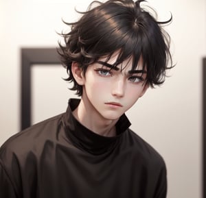 1boy 100% male_focus , solo , malevolent_face, disheveled_hair, frown , open_mouth , black_eyes , black_hair , looking_at_viewer , face , blurry_background , v-shaped_eyebrows , close-up , bangs, extends_hand