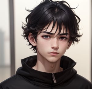 1boy 100% male_focus , solo , malevolent_face, disheveled_hair, frown , open_mouth , straight hair, black_eyes , black_hair , looking_at_viewer , face , blurry_background , v-shaped_eyebrows , close-up , bangs,