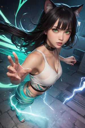 action pose in dark alleyway at night with bright glowing green eyes, Alone anime girl with cat ears with a medium length pose and cute clothes, short dark black hair with bangs that cover the right eye, green eyes, hyper detailed eyes, beautiful eyes, cybernetic eyes, small perky breasts, perfect anatomy, centered, approaching perfection, dynamic, highly detailed, character sheet, artstation, concept art, smooth, sharp focus, illustration, art by Kim Jung gi,, Artgerm, Carne Griffiths and Wadim Kashin , Sasha Yakovleva, loish, jeremy mann, full body shot, character sheet, lightning wave, Beautiful anime watercolor painting ,paint dripping by tim okamura, victor nizovtsev, greg rutkowski, noah bradley. trending on artstation, 8k, masterpiece, graffiti paint, fine detail, full of color, intricate detail, golden ratio illustration, Grisaille, Monochromatic green background