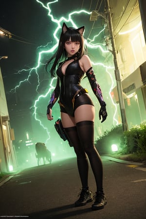 standing in dark alleyway at night with bright glowing green eyes, Alone anime girl with cat ears with a medium length pose and cute clothes, short dark black hair with bangs that cover the right eye, green eyes, hyper detailed eyes, beautiful eyes, cybernetic eyes, small perky breasts, perfect anatomy, centered, approaching perfection, dynamic, highly detailed, character sheet, artstation, concept art, smooth, sharp focus, illustration, art by Kim Jung gi,, Artgerm, Carne Griffiths and Wadim Kashin , Sasha Yakovleva, loish, jeremy mann, full body shot, character sheet, lightning wave, Beautiful anime watercolor painting ,paint dripping by tim okamura, victor nizovtsev, greg rutkowski, noah bradley. trending on artstation, 8k, masterpiece, graffiti paint, fine detail, full of color, intricate detail, golden ratio illustration, Grisaille, Monochromatic green background