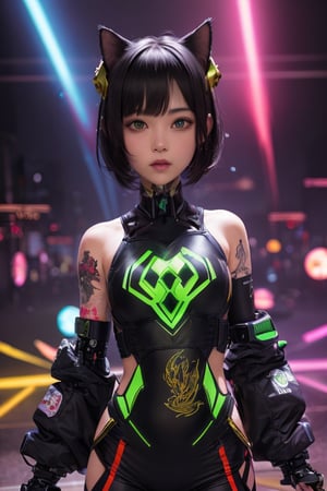 Alone anime girl with cat ears with a medium length pose and cute clothes, short dark black hair with bangs that cover the right eye, green eyes, hyper detailed eyes, beautiful eyes, cybernetic eyes, small perky breasts, perfect anatomy, centered, approaching perfection, dynamic, highly detailed, character sheet, artstation, concept art, smooth, sharp focus, illustration, art by Kim Jung gi,, Artgerm, Carne Griffiths and Wadim Kashin , Sasha Yakovleva, loish, jeremy mann, full body shot, character sheet, lightning wave, Beautiful anime watercolor painting ,paint dripping by tim okamura, victor nizovtsev, greg rutkowski, noah bradley. trending on artstation, 8k, masterpiece, graffiti paint, fine detail, full of color, intricate detail, golden ratio illustration, Grisaille, Monochromatic green background