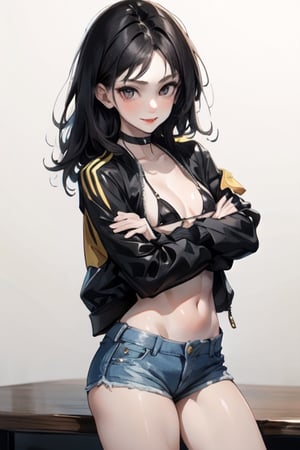 Cute little teenager girl, 15 years old, long black hair, white pale skin, sexy naughty girl, skinny tight body, little naughty evil smile, choker, micro micro micro black bikini, big absurd yellow bomber jacket, little mini shorts jeans, highly detailed hands, POSE: chin on arms crossed arms on a table, medium close up,