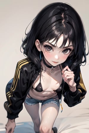 Cute little teenager girl, 15 years old, long black hair, white pale skin, sexy naughty girl, skinny tight body, little naughty evil smile, choker, micro micro micro black bikini, big absurd yellow bomber jacket, little mini shorts jeans, highly detailed hands, POSE: DYNAMIC RUNNING VERY FAST, VERY extreme close up, from very above, absurd very dynamic angle, small chest,Fasha