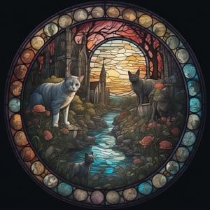 stained glass, circle, cats, zombie, horror, portrait, landscape, masterpiece, best quality,ink scenery