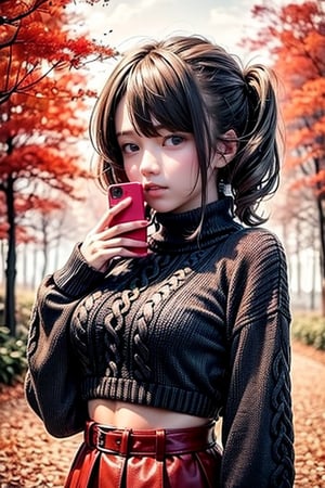 1girl with a cell phone, she is in a red forest,black sweater,cropped sweater,masterpiece,best quality, she looks disgusted