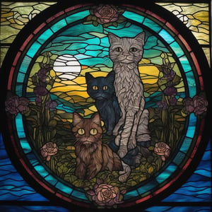 stained glass, circle, cats, zombie, horror, portrait, landscape, masterpiece, best quality