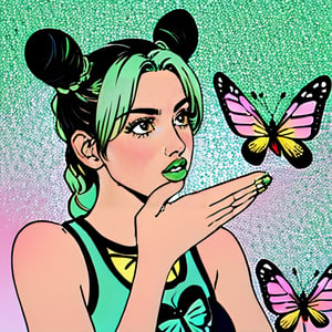 Highly detailed, High Quality, Masterpiece, beautiful, (JolyneCujoh extending her hand to a butterfly), IsThisAPigeon, 1girl, solo, (green hair, buns to each side of the head),jolynejojo, (green sleeveless top), beautiful hands, butterfly ,realhands