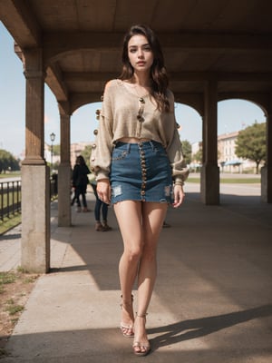 Ultra realistic ((full body photo)) of petite  italian female model  modeling upscale dolman sleeve travel inspired grunge knit silk outfit with cool metallic elements zippers buttons clips. In a park,Makeup,beautiful,detailed eyes,detailed lips
