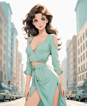 (Cinematic full body Photo:1.3) of (Ultra detailed:1.3) in the style of emotive body language, super pretty female standing in city, flirty eyes,(casual cummer clothes), perfect torpedo breasts, hands on back, Claire Gerhardstein, spreading, spread, ,cutewave, aquamarine pastel colors, flirty smile , sensual facial expression,Highly Detailed, high heels ,flat design,Flat vector art,linewatercolorsdxl,Vector illustration
