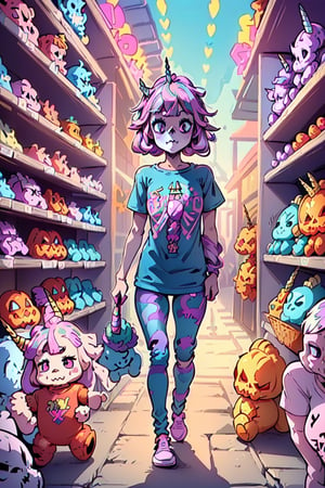 (((A skeleton (wearing a t-shirt (with a cute unicorn print))). Illustration (kawaii skeleton walking visibly afraid through a pastel isle full of cute stuffed animals),  side view,  sticker,  professional vector,  high detail,  t-shirt design,  graffiti,  vibrant,  nt,DisembodiedHead,Detailedface,Halloween style