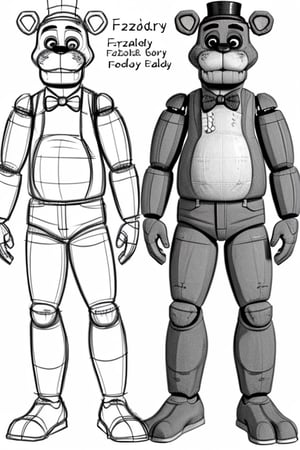 draft, outline, monochrome,  reference sheet, drawing Freddy Fazbear ,freddy fazbear