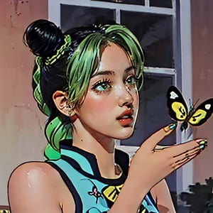 Highly detailed, High Quality, Masterpiece, beautiful, (JolyneCujoh extending her hand to a butterfly), IsThisAPigeon, 1girl, solo, (green hair, buns to each side of the head),jolynejojo, (green sleeveless top), beautiful hands, butterfly ,realhands